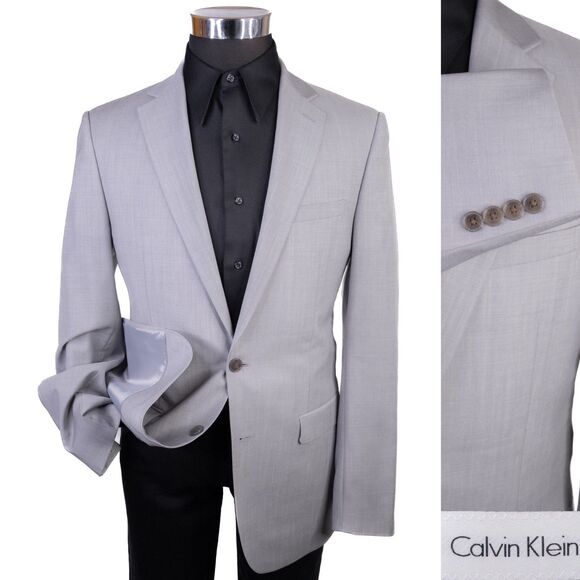 Calvin Klein Solid Gray Casual Jacket Sport Coat Blazer 2-Button Sz 40L Wool EUC - Picture 1 of 13
